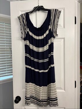 Lucky Brand Navy, Grey and White Striped Midi Dress